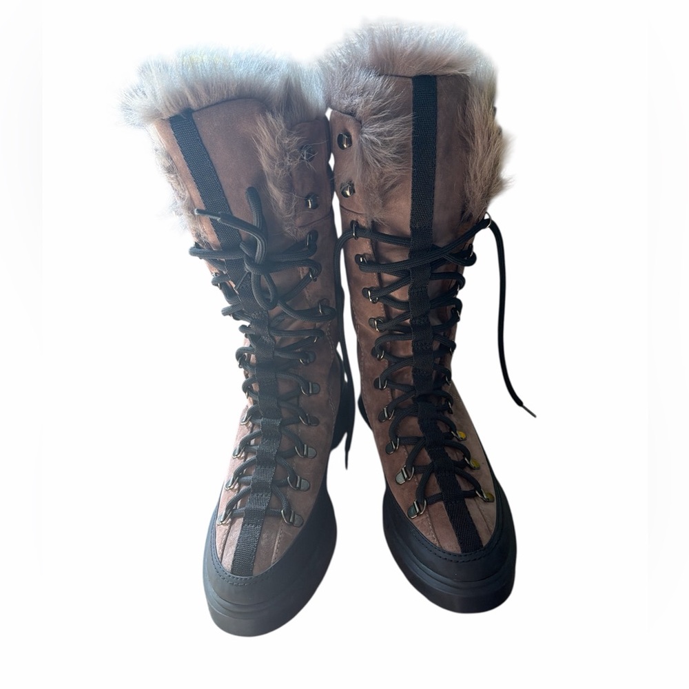 Stuart Weitzman Jessie Fur-Trimmed Lace-Up mid-calf Boots in Taupe, 9M, NWT